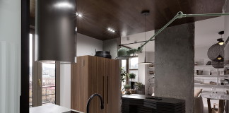 Indusztriál stílus egy falak nélküli lakásban Indusztriál dizájn Kenzo stílus nappali konyha