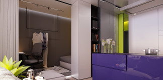 Modern mini lakás élénk neon színekkel 28 nm-en mini lakás neon színnekkel - nappali és a lila