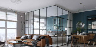 Hálószoba a nappaliban üvegkalitkából – Kompakt lakás 45 nm-en hálószoba a nappaliban