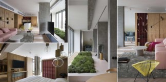 Belső kert egy színes modern lakásban egy betonépület tetején belső kert, színes lakás