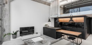 Monokróm Loft lakás fa dekorációval Monokróm Loft lakás fa dekoráció